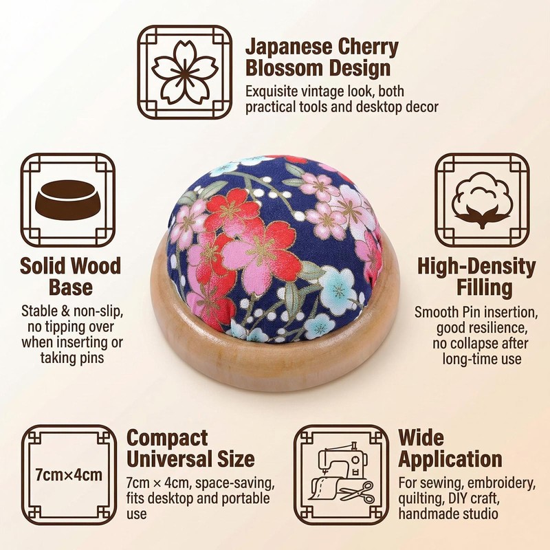 1Pcs Japanese Style Cherry Blossom Pin Cushion, Round Wooden Base
