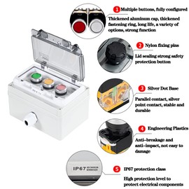 Push Button Box Ip67 Button Switch 3 Push Button Red Green Yellow Momentary Push Button Button with Protective Cover Anti-Misoperation Switch(Ac/Dc 6a-110v/3a-240v/2.5a-380v)