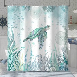 Sea Turtle Shower Curtain, Blue Teal Ocean Beach Decor Bathroom Curtains, Nautical Coastal Fish Beachy Summer Animal Seashell Kids Theme Waterproof Fabric Shower Curtain Set with Hook, 72x84in