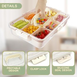 Portable Snackle Box Container, 9 Detachable Compartments Food Preservation Case，Divided Snack Tray with Lid and Handle，Portable Picnic Parties Fruit Tray，Kitchen Clear Snackle Box Candy Organizer
