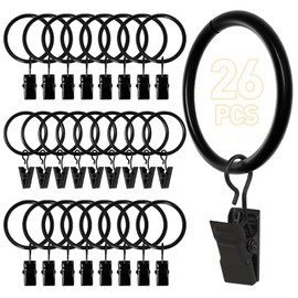 Ninsula 26 PCS Curtain Rings with Clips, Curtain Hooks for Drapes, Curtain Clips with Rings 1.26” Interior Diameter, Black Curtain Rings Fit up to 1 inch Curtain Rod