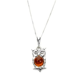 Sayers London Sterling Silver & Baltic Amber Owl Pendant on Chain/Necklace - Chain 16 + 2"