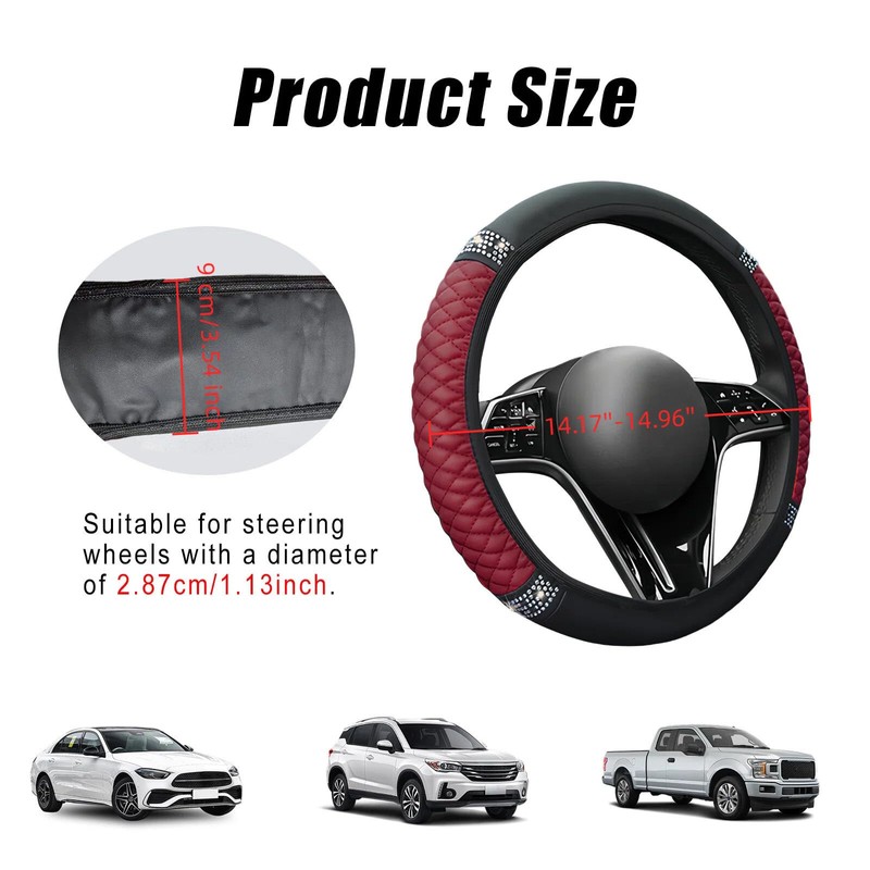 AMZAUTO Bling Steering Wheel Cover for Women, Leather Sparkly Rhinestone