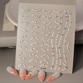 French Tips Nail Stickers for Nail Art White Pearl Nail Art Stickers 5D Embossed Nail Decals with Rhinestone Design White Nails Art Supplies Decoration Accessories for Women and Girls