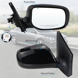Lqito Right Passenger Side Mirror Compatible With 2009 2010 2011 2012 2013 Toyota Corolla With Power Glass Manual Folding Non-Heated Black Replace#8790802B50(3Pins）