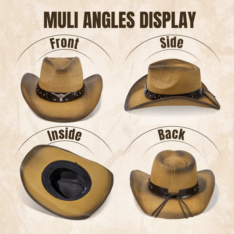 Straw Cowboy Hat Western Style Classic Cowgirl Hat, Dark Brown,