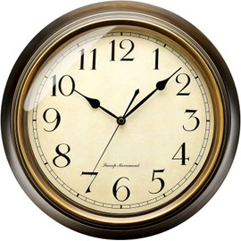 Plumeet - Reloj de pared pequeño de metal, de 10 pulgadas, de hierro silencioso, clásico, no hace tictac, decorativo, cocina, sala de estar, recámara, números arábigos, funciona con pilas (10
