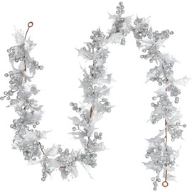 LATERN Silver Berry Christmas Garland, 175CM Flexible Artificial Berry Garland with Silver Glitter Berry and Holly Leaves for Christmas Winter Holiday New Year Fireplace Door Tree Decoration