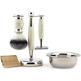 Jag Shaving Double Edge Shaving Set with Synthetic/Vegan Hair Brush, Razor and Brush Stand and Bowl