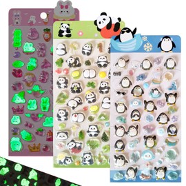 DanYun 3D Stickers, Set of 3, Cute, Luminous, 3D Epoxy Stickers, Panda, Rabbit, Penguin, Cute Design, Large Volume, 3D Funny Stickers (Panda, Rabbit, Penguin)