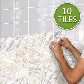 Marble Effect Peel and Stick Vinyl Wall Tile Transfer Stickers, Self-Adhesive Backsplash Tile Decals for Kithchen Bathroom Decor, 6x6inch 10 Pcs, White&Gold