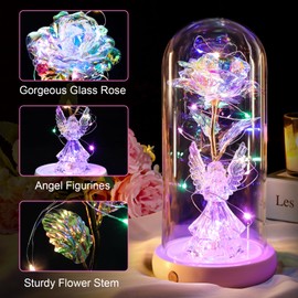 Valentine's Day Gifts for Women Angel Rose USB Rechargeable Light Up Flowers in Glass Dome,Preserved Flowers Gifts for Her Mom Grandma Angel Figurines for Christmas Anniversary Birthday Mothers Day