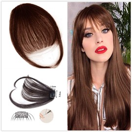 HIKYUU Clip in Human Hair Fringe with Temple Front Neat Bangs Hair Extension Chestnut Brown with Temples