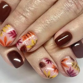 Press on Nails Short Square Fake Nails with Leaves Designs Brown Nails Press ons Glossy Glue on Nails Fall Winter Acrylic Nails Artificial Stick on Nails for Women 24Pcs