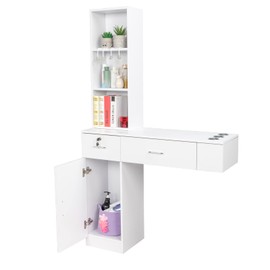 OmySalon Wall Mount Barber Stations, Salon Stations for Hair Stylist, Hair Styling Equipement Set with a Storage Cabinet, 2 Drawers and a 3 Tier Shelf (White)