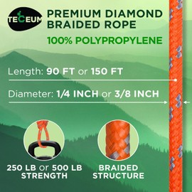 TECEUM Rope – 90 Feet x 1/4 Inch (7mm) – Grapefruit Gray – Strong All-Purpose Utility Rope – Camping, Crafting, Flag Pole, Indoor & Outdoor – Polypropylene Nylon Poly Lightweight Diamond Braided Cord