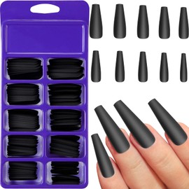 Black Matte Extra Long Ballerina Press on Nails Coffin False Solid Color Full Cover Fake with Box for Women Girls Nail Decorations (100 Pieces) 100 Piece Assortment