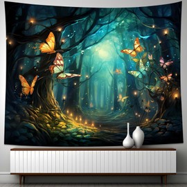 FENDROM Fantasy Forest Tapestry Aesthetic Fairy Galaxy Plant Butterfly Moon Wall Hanging Tapestries For Bedroom Living Room