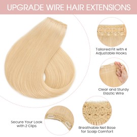 Silk-co Secret Wire In Hair Extensions No Clip Invisible Remy Human Hair One Piece Straight Natural Invisible Adjustable Secret Wire Hairpiece Extensions 12 Inch-55g #60 Platinum Blonde