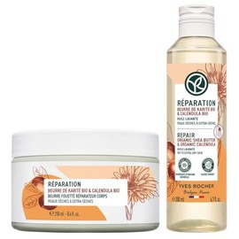 Yves Rocher Set Corporal Karité Caléndula Piel Extra Seca Crema Mouse Reparadora Nutritiva Tarro 250 Aceite Ducha Reparador Reconfortante 200