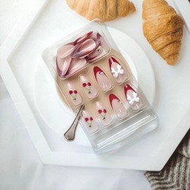 Medium-Long Almond Press on Nails Red French Tip Fake Nails Cherry White Bow Designs Artificial False Nails Glossy Nude Small Rhinestone Full Cover Acrylic Nails for Women Girls