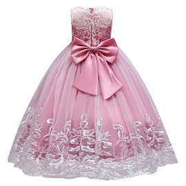 Flower Girl Lace Dress for Kids Wedding Bridesmaid Pageant Party Formal Long Maxi Gown Big Little Princess First Communion Birthday Dance Prom Sequins Bow Puffy Tulle Dresses Dusty Pink 7-8 Years