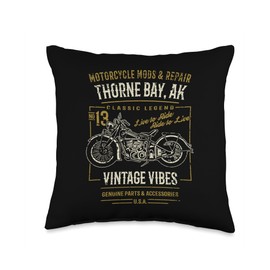 Thorne Bay Alaska USA Retro Motorcycle Distressed Design Throw Pillow