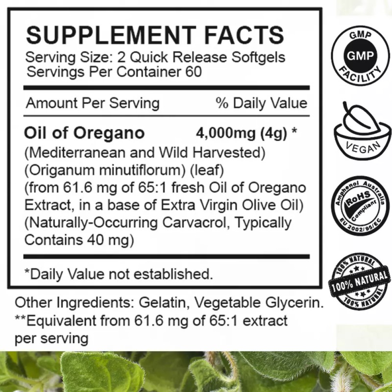 4000mg Pure Wild Oregano Oil Capsules 84% High Strength Carvacrol