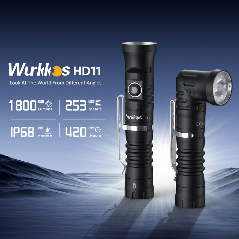 Wurkkos HD11 Right Angle Flashlight with Red Light, 1800 Lumens