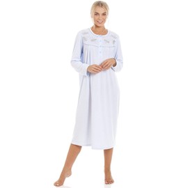 Camille Ladies Long Sleeved Nightdress - Smooth Womens Nightwear - Nightie with Embroidery & Piping Across The Chest and Neck Button Fastening Blue 10-12