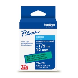 Brother Genuine P-Touch TZe Black Print on Green Label Tape (TZe731), Laminated,1/2in x 26.2ft (12mm x 8m), for Select P-Touch Label Makers, Durable, Water-Resistant, Indoor/Outdoor Use