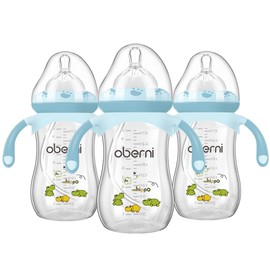 Oberni Weighted Baby Bottles with Size 4 Fast Flow Breast-Like Teat for 12 Months Plus / 1 Year Old Newborn Babies, 270ml/9oz, Non-Slip Handles, Anti-Colic, Blue/3Pack