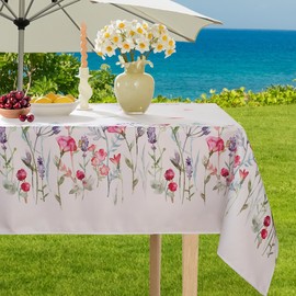 SASTYBALE Outdoor Tablecloth with Umbrella Hole, Spill Proof & Washable Floral Table Cloth Watercolor Wild Flowers, Patio Table Cover for Summer Picnic, Dinner Decor (Rectangle, 60" x 120")
