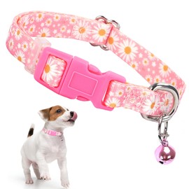 Pink Small Dog Collar with Bell, Pretty Floral Daisy Girl Cat Collar Flower Puppy Collars with Bells for XS Small Tiny Pet Female Dogs Kitten Little Animal, S
