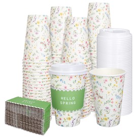 Whaline 50Pcs Floral Disposable Paper Cups with Lids and Sleeves 16Oz Colorful Spring Flower Coffee Cups for Birthday Baby Shower Holiday Table Decor Supplies