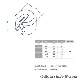 10 pieces clamp stopper, 1-piece, DS = 2 mm, M4, stainless steel, A4 (V4A) rope clamp, rope stopper, clamp, wire rope clamp, I BOOTSTEILE BRAUER®