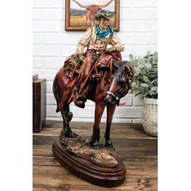 Western Desert Cowboy On Saddleback Brown Stallion Horse By Cactus Figurine