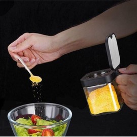 Hewnda Clear Glass Condiment Canisters,Seasoning Box Spice Container with Lid and Spoon Set of 3 Suitable for Home, Cafe, Buffet (Black)