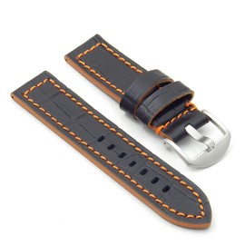 DASSARI Flash Thick Crocodile Embossed Rally Leather Watch Band Strap with Contrast Stitching - Black & Orange - 24mm