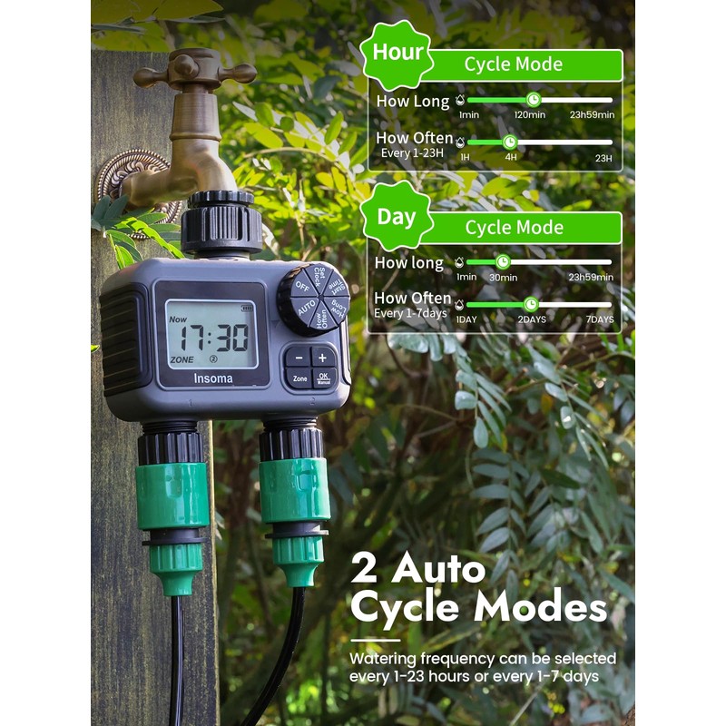 Insoma 2-Zone Sprinkler Timer, Programmable Garden Hose Timer with Auto/Manual/Rain