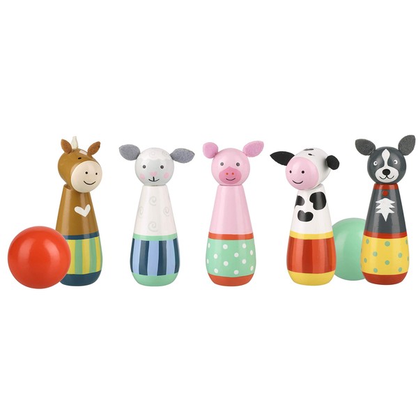 Farm Animals Wooden Skittles - Bowling Set Skittles Game for Kids, Indoor and Garden Toys - Wooden Toys for 2 Year Olds, Toddler - Early Development & Activity Toys by Orange Tree Toys