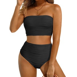 High Waisted Bandeau Bikini Set - Women Strapless Two Piece Swimsuits Ribbed Longline Full Coverage Bathing Suits Swimwear, Black, X-Large