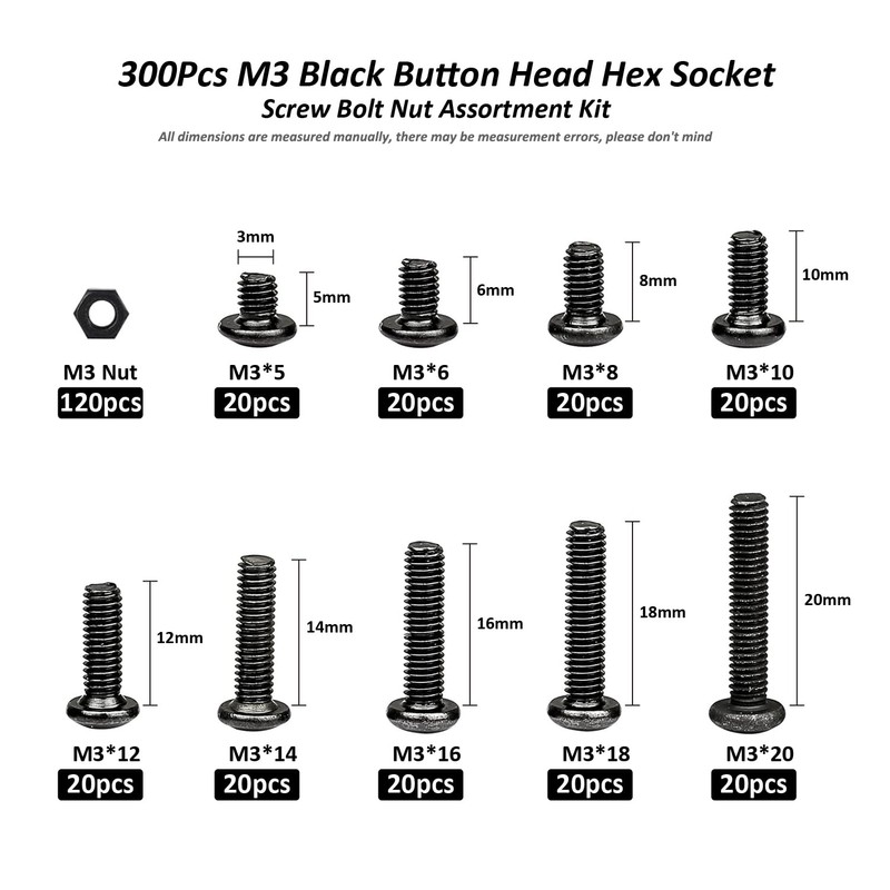 FullFun 300PCS M3 x 5/6/8/10/12/14/16/18/20mm Button Head Socket Cap Screw