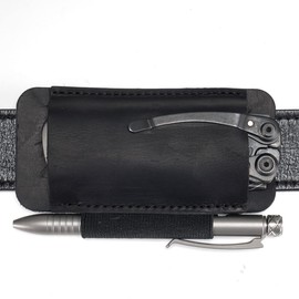 VIPERADE PJ33 Leather Knife Sheath for Belt, Horizontal Carry Pocket Knife Holster with Elastic Pen Holder, Leather Folding Knife Sheath for Men (Black)