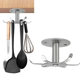 Zorfeter Under Cabinet Kitchen Utensil Hooks, Stainless Steel Utensil Racks 360°Rotating Drilling Free Adhesive Utensils Hanging Rack Holder, Brushed Nickel