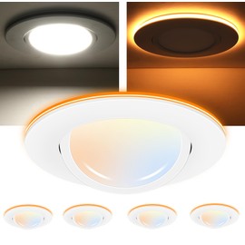CLOUDY BAY [4 Pack] 6 inch 5 Color Swivel LED Gimbal Recessed Light with Night Light,12W CRI80+ 950LM,2700K/3000K/3500K/4000K/5000K，Canless Angled Adjustable Ceiling Downlight, White Finish