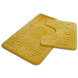 VELVETIO Bath Mat Set 2 Piece Machine Washable for Bathroom, Jacquard Greek Non Slip Quick Dry Shower Rugs & Bathtub Mats, Highly Water Absorbent 100% Polypropylene Toilet Rug Sets, Ochre