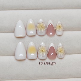 BABALAL Press on Nails Medium Almond Fake Nails White Glue ons Nails 3d Texture Yellow Flower Design Acrylic Nails Stiletto Full Cover Coquette False Nails 24Pcs Clip on Nails