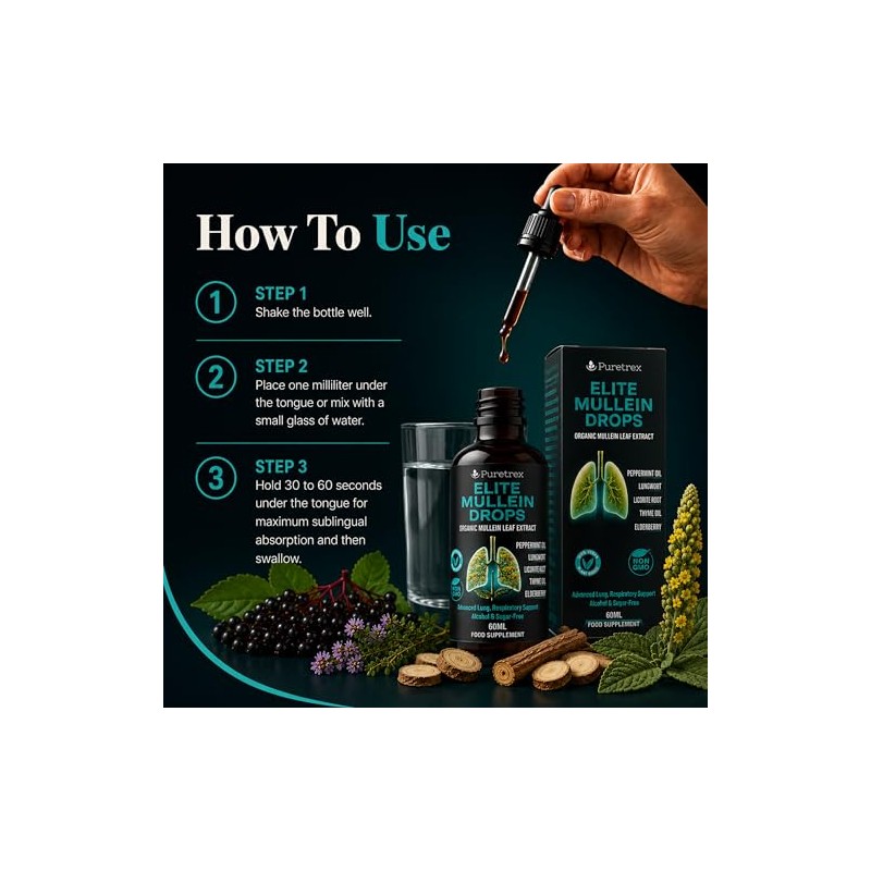 PURETREX Elite Mullein Drops Vegan Supplement 60ml Organic, Herbal