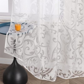 Delien Voile Burnout Curtain with Tendril Pattern, Transparent Curtain with Loops, Living Room Curtain, W x H 140 x 225 cm, White, Pack of 1